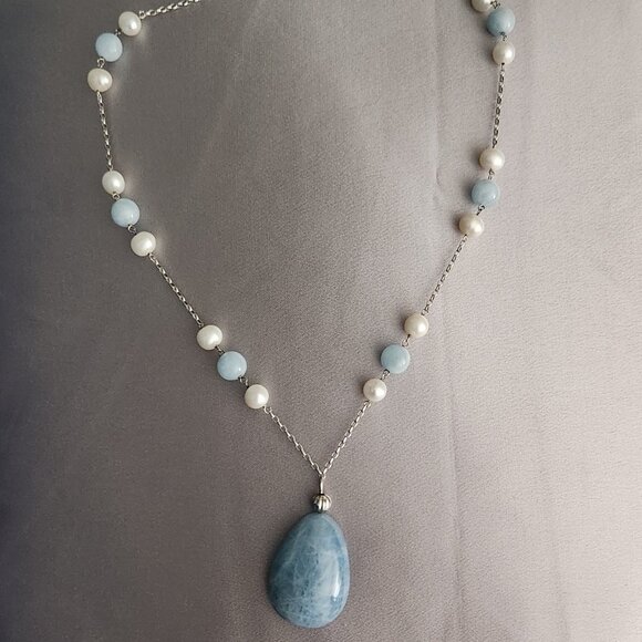 QVC Milky Aquamarine and Freshwater Pearl Sterling Silver Necklace - Picture 1 of 4